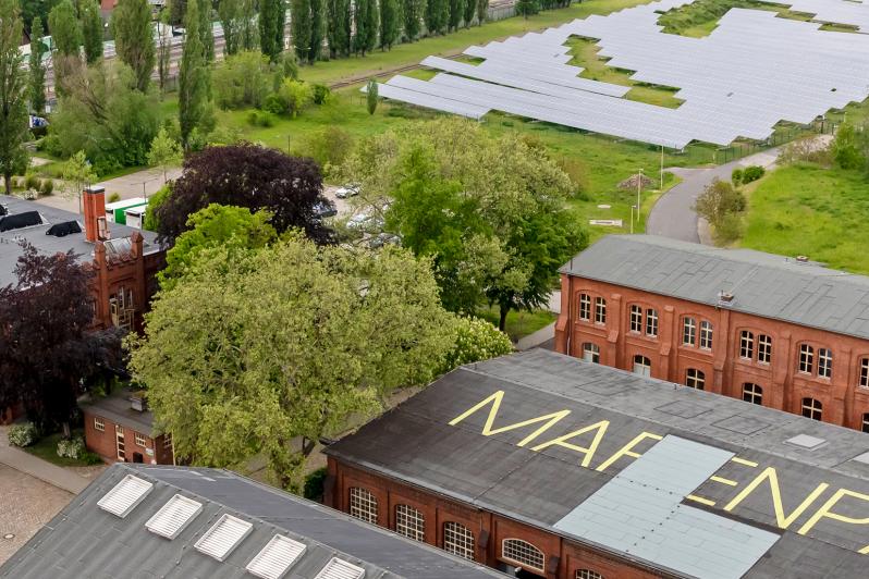 Foto des Marienparks mit seinen Photovoltaikanlagen von oben